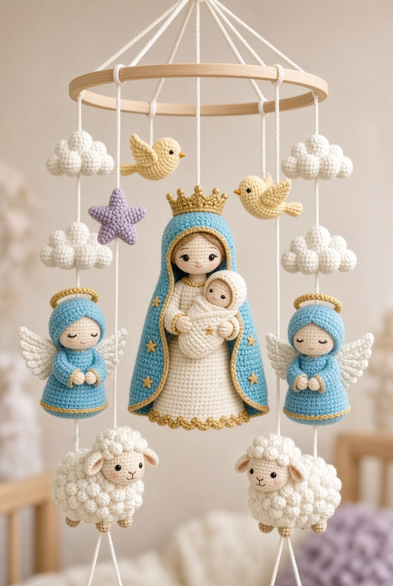 Handmade Crochet Virgin Mary Baby Mobile – Luxury Nursery Decor with Angels, Lambs & Birds | Christening Gift