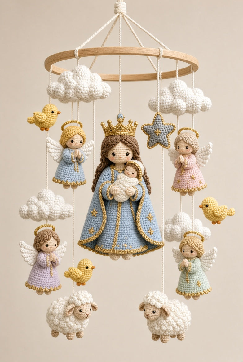 Handmade Crochet Virgin Mary Baby Mobile – Luxury Nursery Decor with Angels, Lambs & Birds | Christening Gift
