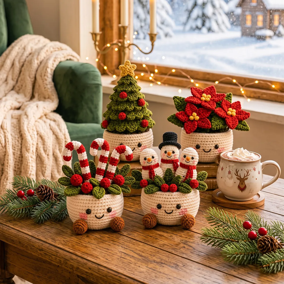 Personalized Set - Crochet - Christmas Plant Pot Holiday Decor Gift