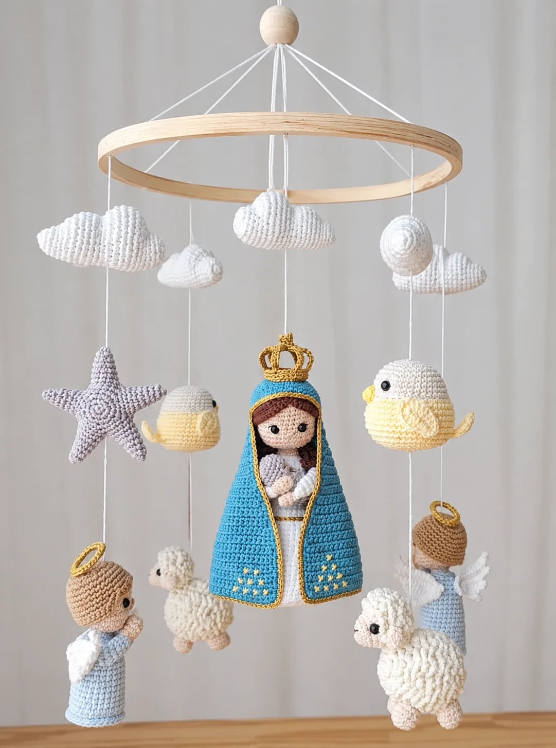 Handmade Crochet Virgin Mary Baby Mobile – Luxury Nursery Decor with Angels, Lambs & Birds | Christening Gift