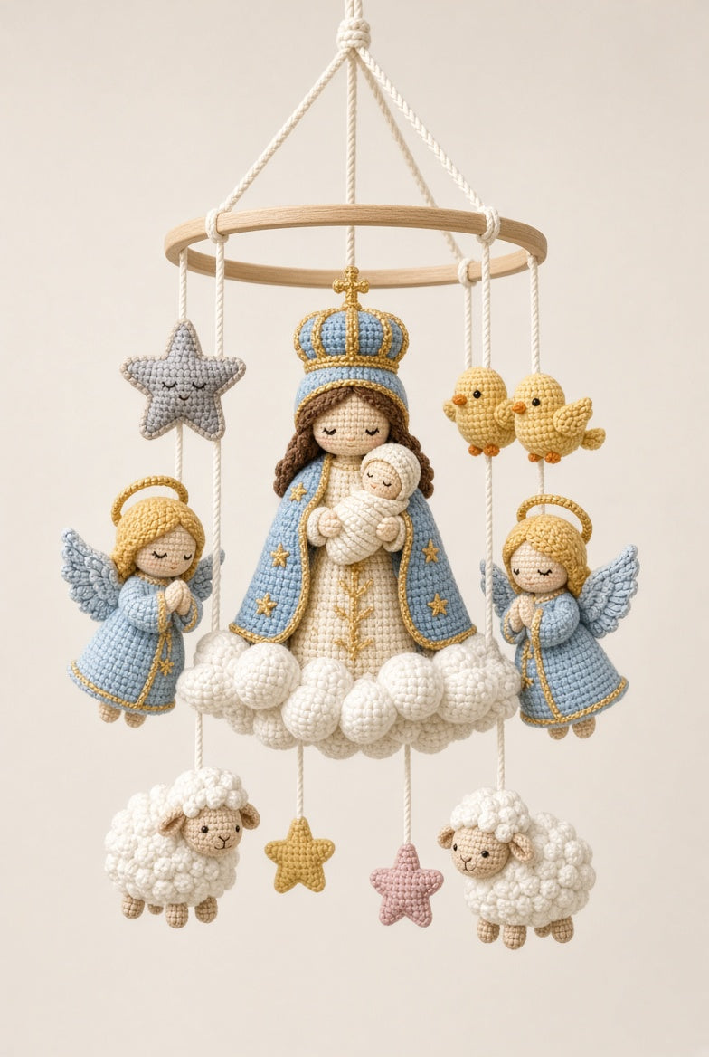 Handmade Crochet Virgin Mary Baby Mobile – Luxury Nursery Decor with Angels, Lambs & Birds | Christening Gift