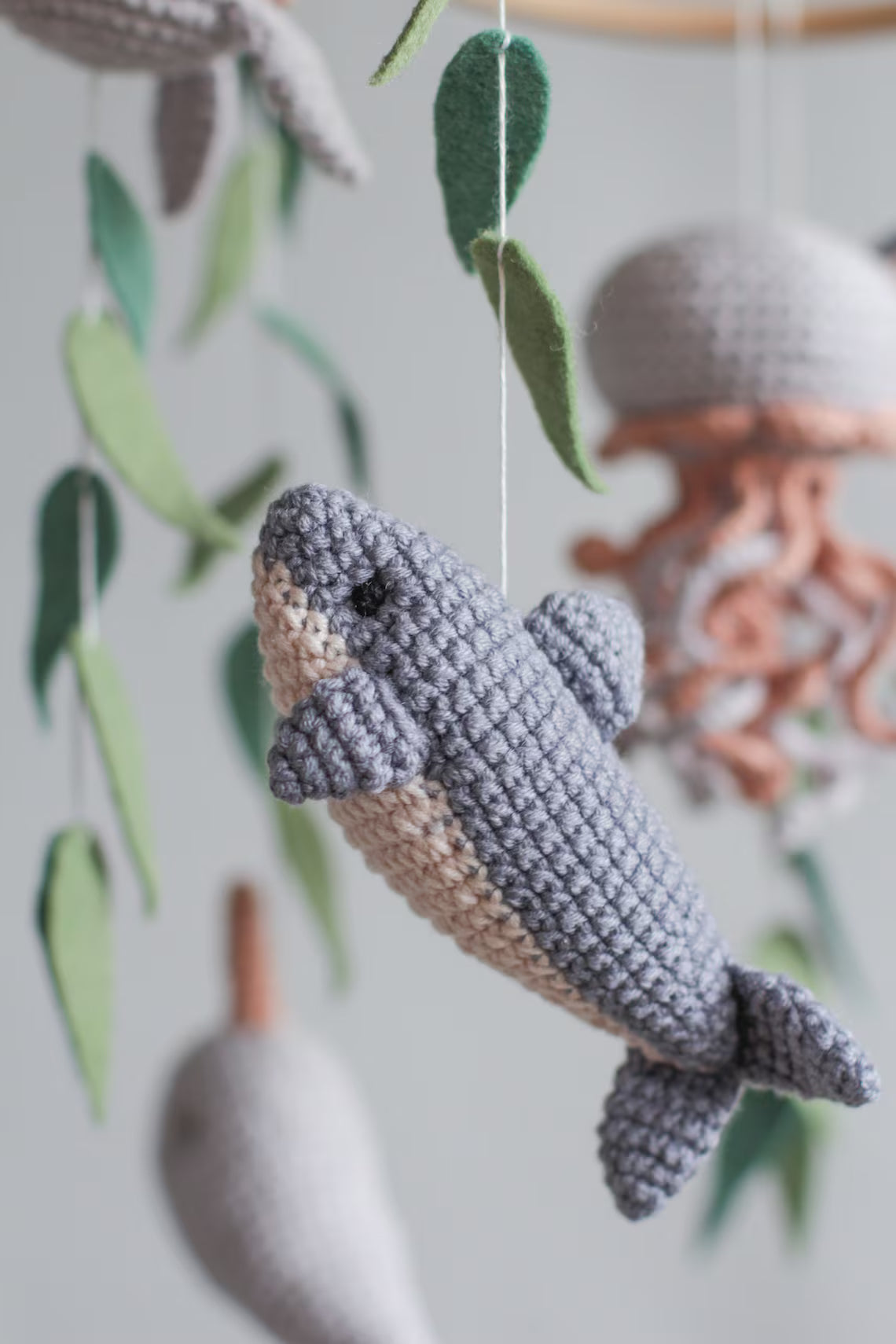 Ocean baby mobile. Nautical baby mobile. Ocean baby mobile with Narwhal, Jellyfish, Turtle, Stingray fish, Shark, Starfish and Puffer fish