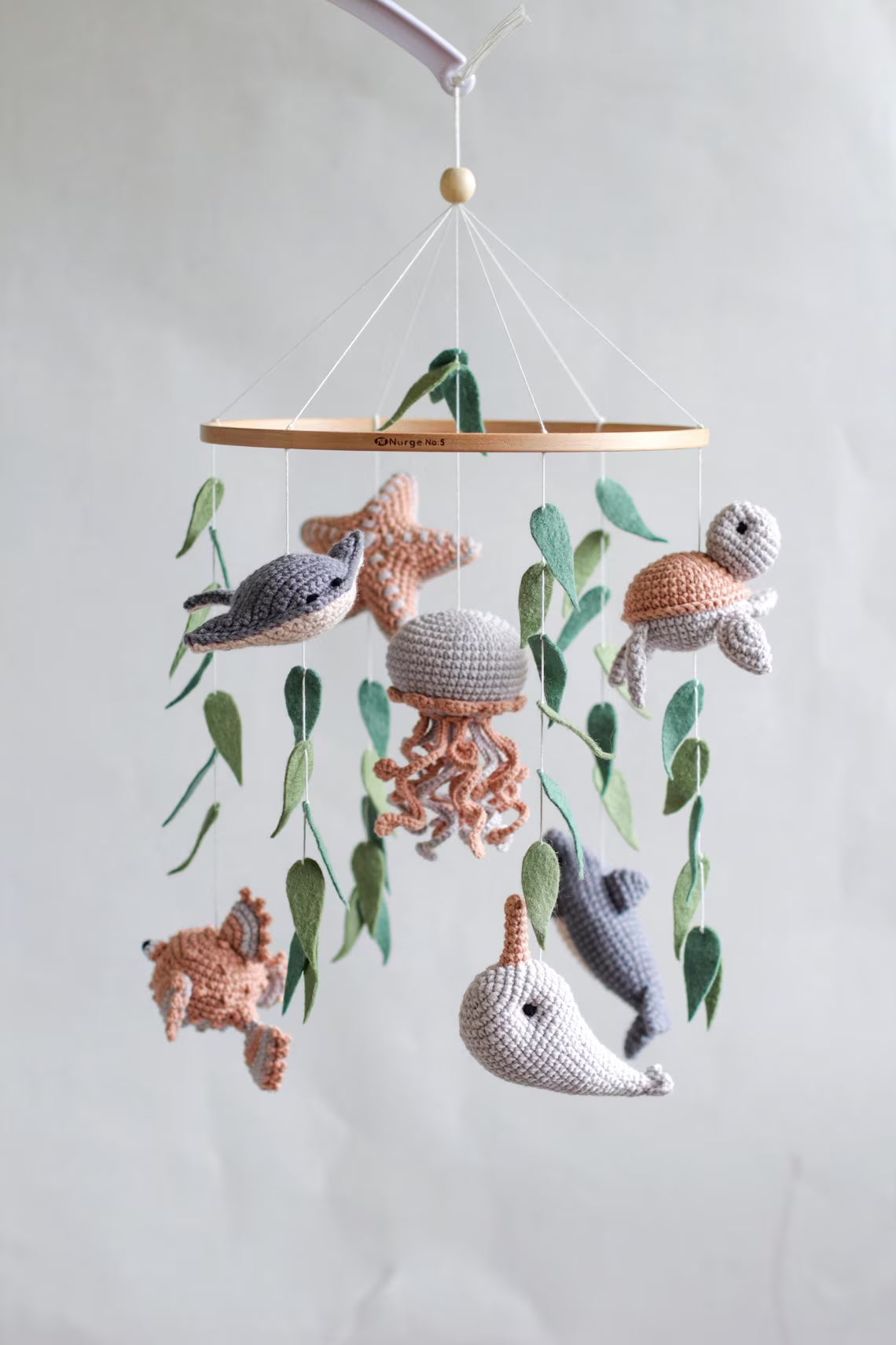 Ocean baby mobile. Nautical baby mobile. Ocean baby mobile with Narwhal, Jellyfish, Turtle, Stingray fish, Shark, Starfish and Puffer fish