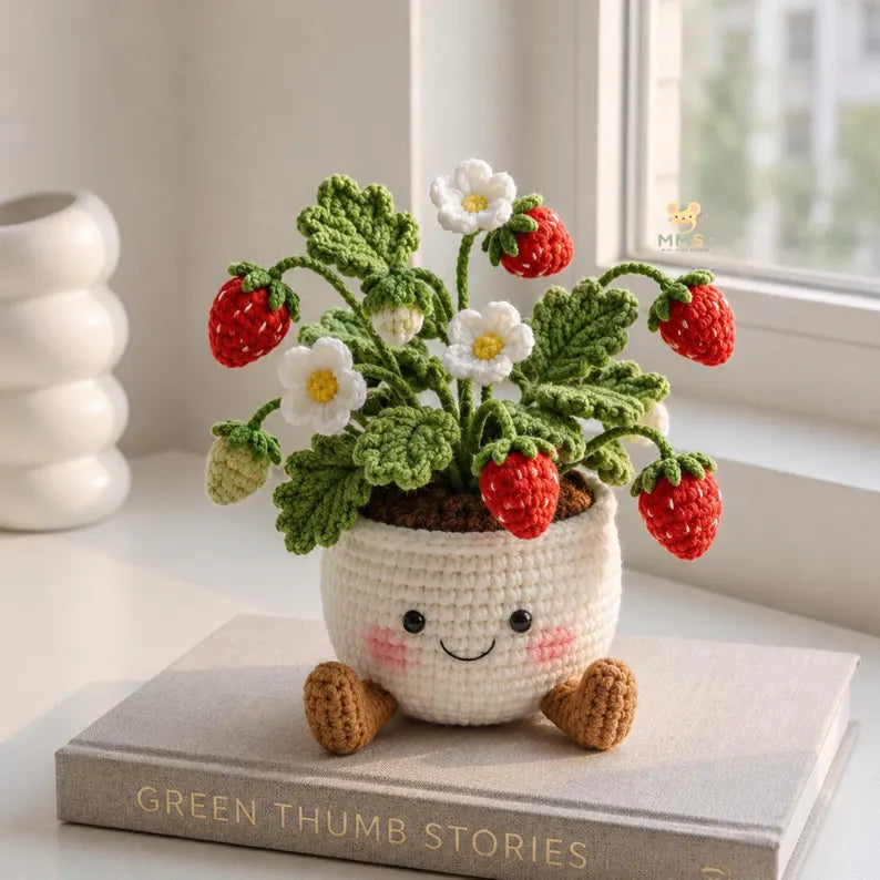 Crochet Flower Pot Set with Mushroom Sunflower Lavender Strawberry Rose Tulip Designs