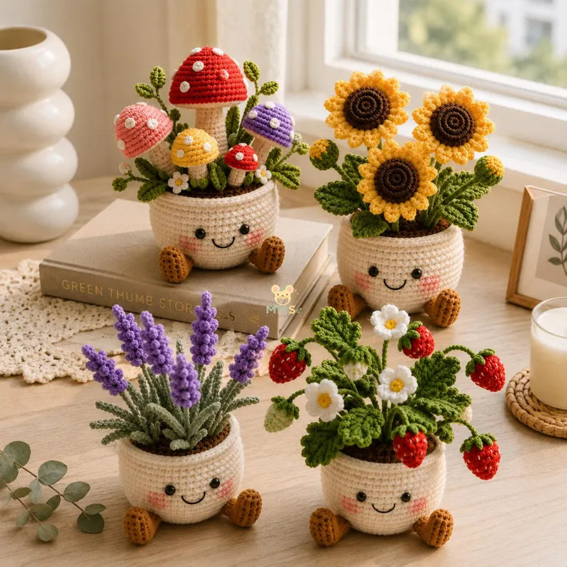 Crochet Flower Pot Set with Mushroom Sunflower Lavender Strawberry Rose Tulip Designs