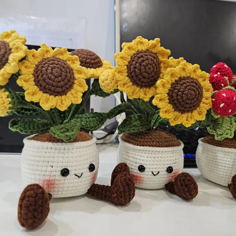 Crochet Flower Pot Set with Mushroom Sunflower Lavender Strawberry Rose Tulip Designs