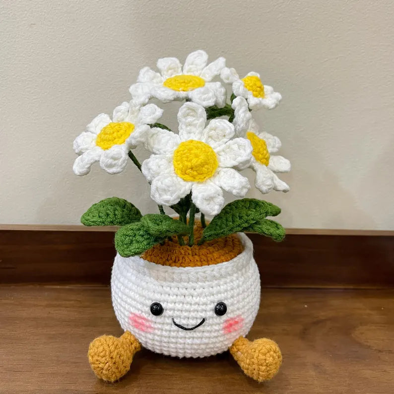 Crochet Flower Pot Set with Mushroom Sunflower Lavender Strawberry Rose Tulip Designs