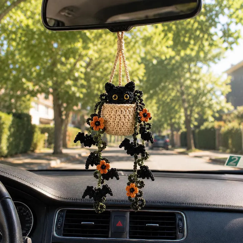Crochet Halloween Black Cat Plant Car Hanging, Bat Vine Car Charm, Spooky Cute Halloween Car Decor, Handmade Plant Lover Gift