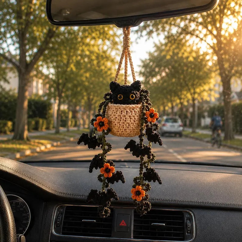 Crochet Halloween Black Cat Plant Car Hanging, Bat Vine Car Charm, Spooky Cute Halloween Car Decor, Handmade Plant Lover Gift