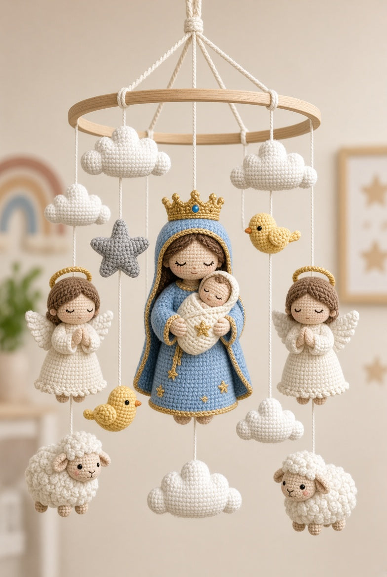 Handmade Crochet Virgin Mary Baby Mobile – Luxury Nursery Decor with Angels, Lambs & Birds | Christening Gift