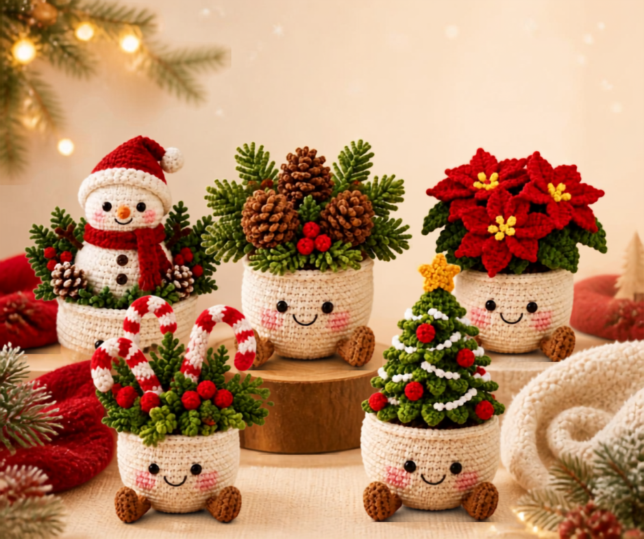 Personalized Set - Crochet - Christmas Plant Pot Holiday Decor Gift