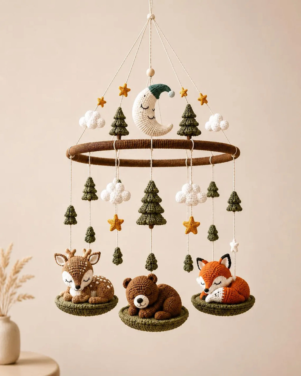 Crochet Sleeping Woodland Baby Mobile – Deer Bear Fox Nursery Decor | Handmade Baby Shower Gift