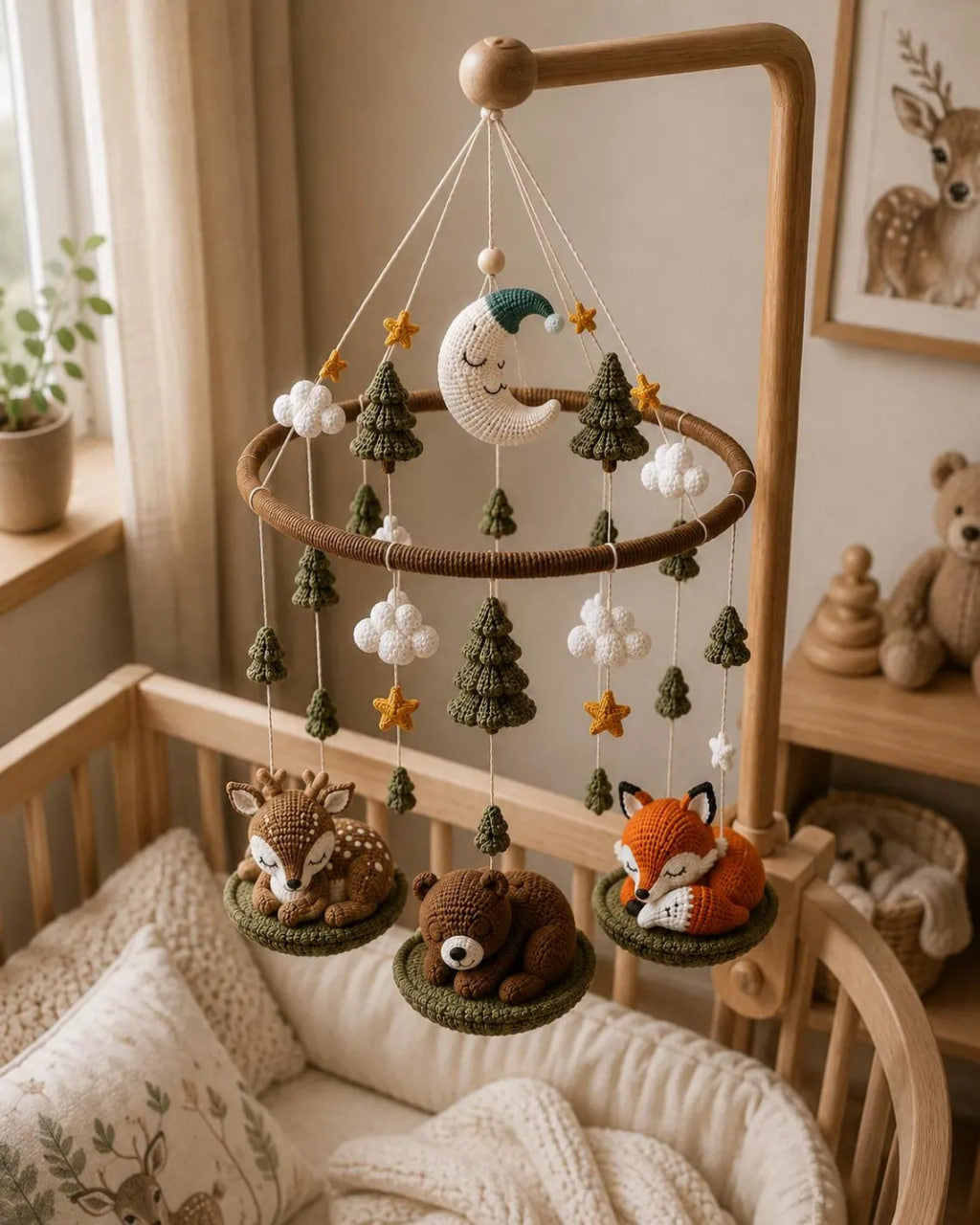 Crochet Sleeping Woodland Baby Mobile – Deer Bear Fox Nursery Decor | Handmade Baby Shower Gift