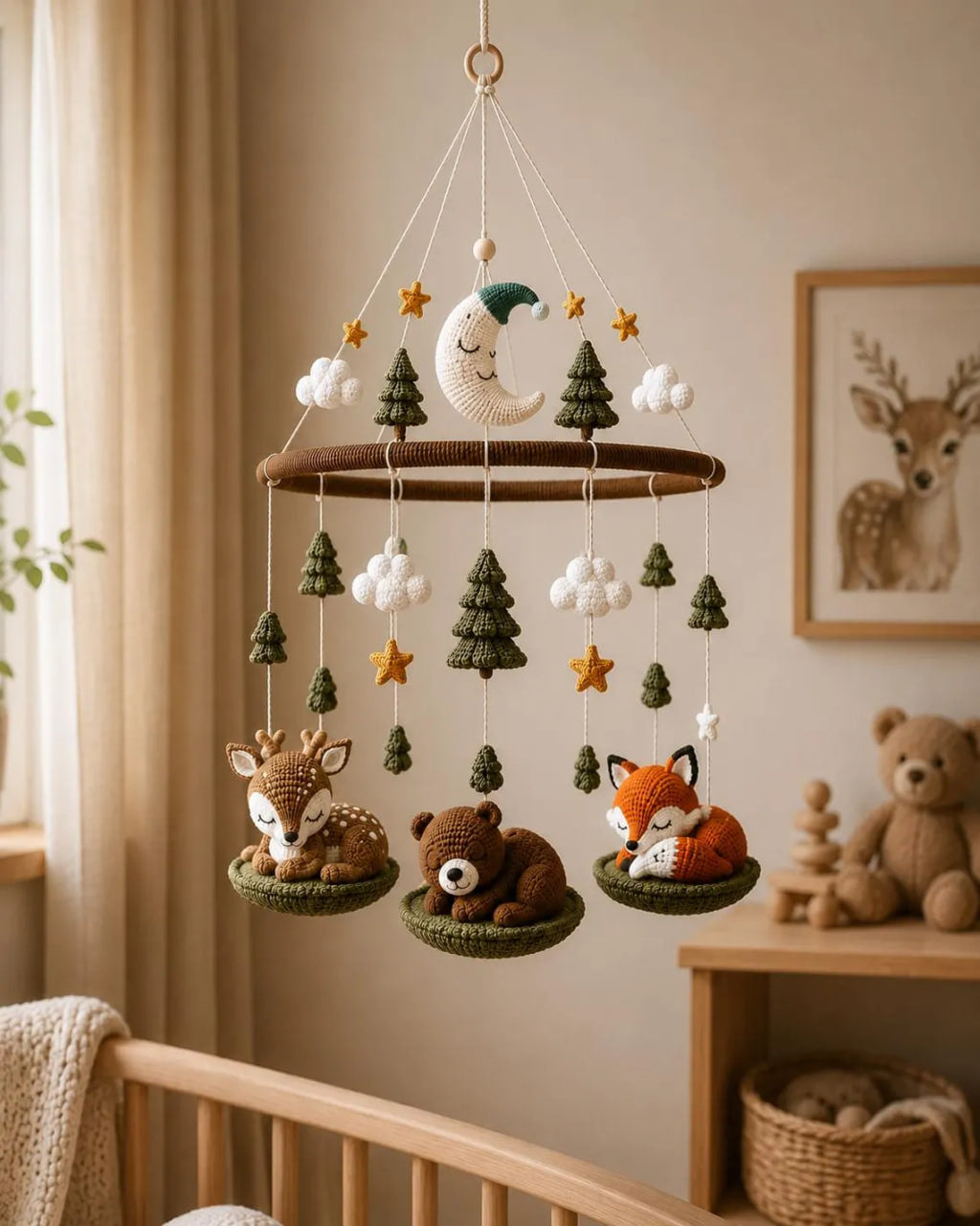 Crochet Sleeping Woodland Baby Mobile – Deer Bear Fox Nursery Decor | Handmade Baby Shower Gift