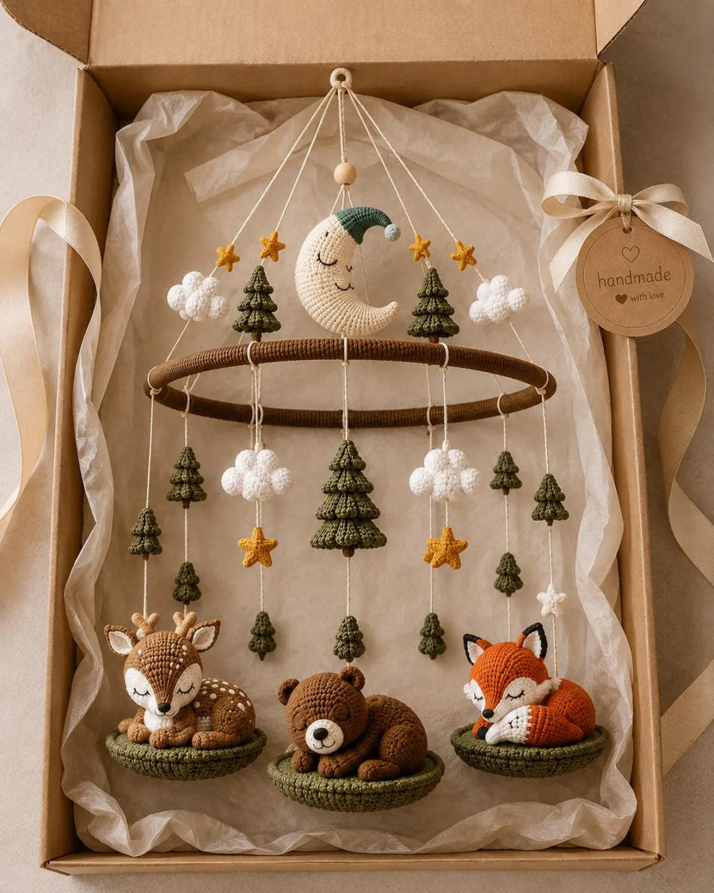Crochet Sleeping Woodland Baby Mobile – Deer Bear Fox Nursery Decor | Handmade Baby Shower Gift