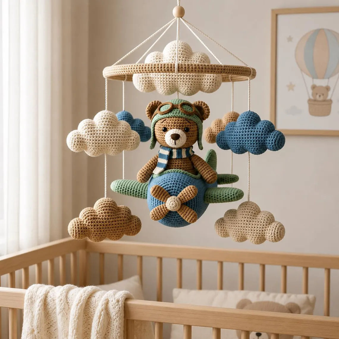 Crochet Bear Airplane Baby Mobile – Aviator Teddy Crib Mobile | Neutral Nursery Decor | Handmade Baby Shower Gift