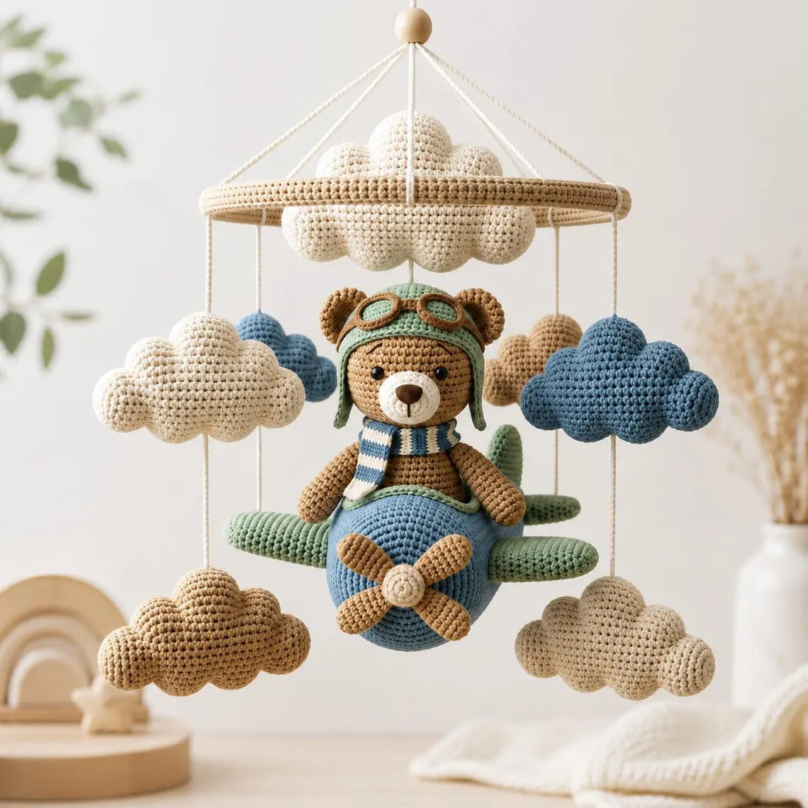 Crochet Bear Airplane Baby Mobile – Aviator Teddy Crib Mobile | Neutral Nursery Decor | Handmade Baby Shower Gift