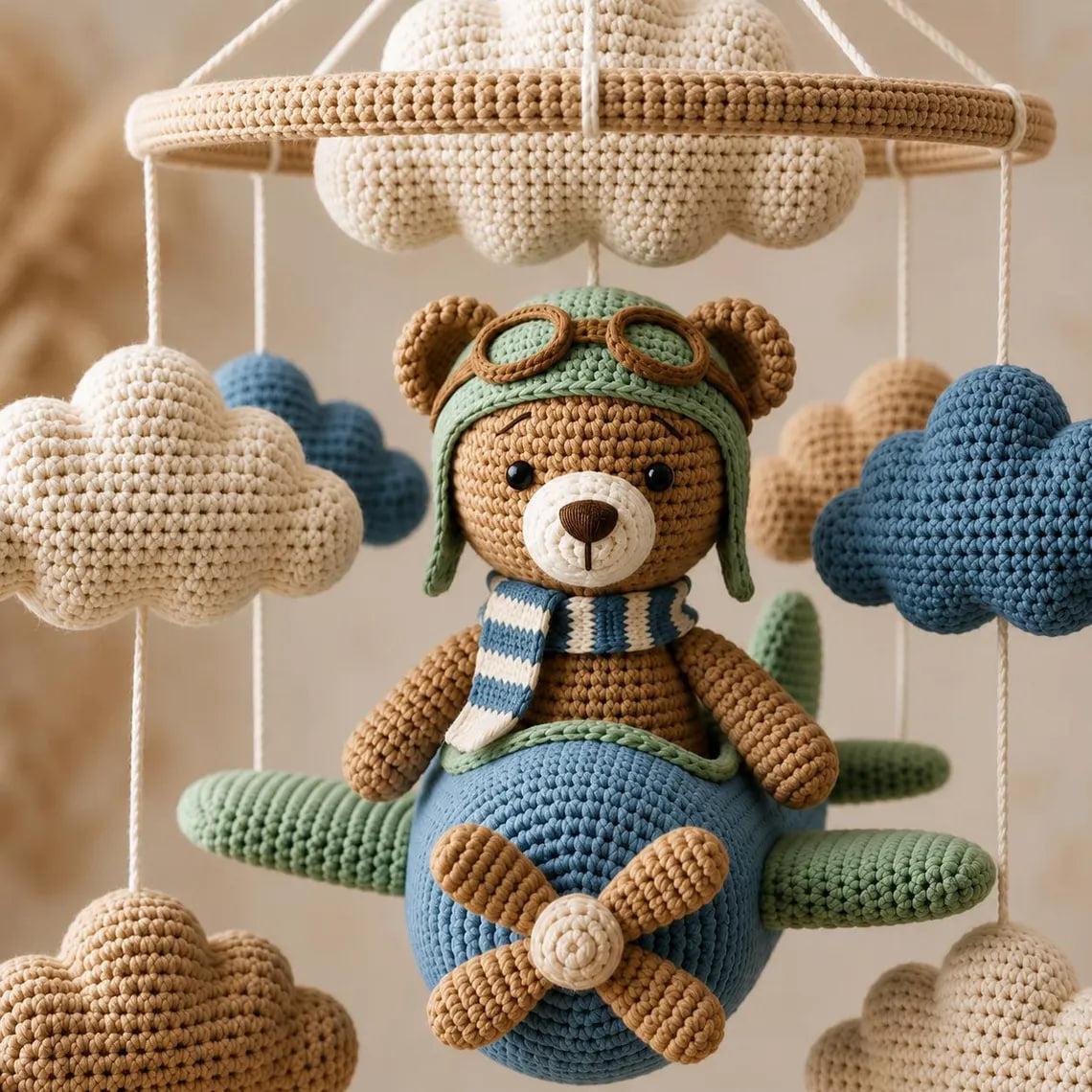 Crochet Bear Airplane Baby Mobile – Aviator Teddy Crib Mobile | Neutral Nursery Decor | Handmade Baby Shower Gift