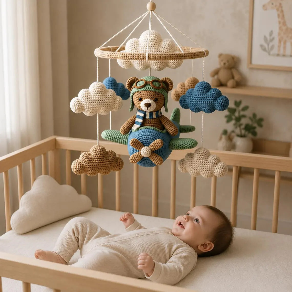 Crochet Bear Airplane Baby Mobile – Aviator Teddy Crib Mobile | Neutral Nursery Decor | Handmade Baby Shower Gift