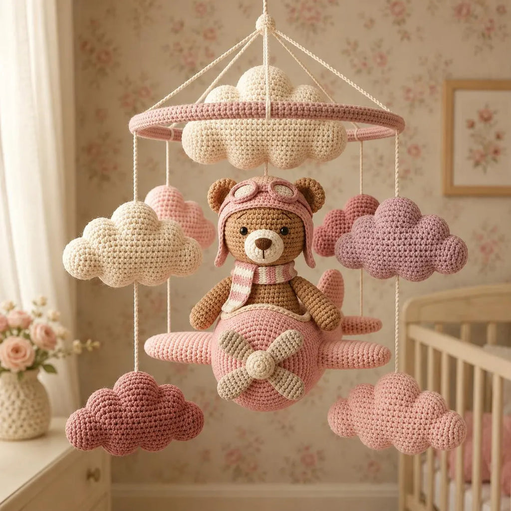 Crochet Bear Airplane Baby Mobile – Aviator Teddy Crib Mobile | Neutral Nursery Decor | Handmade Baby Shower Gift
