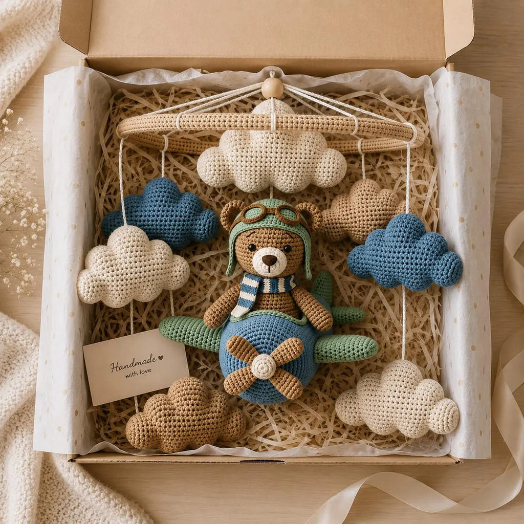 Crochet Bear Airplane Baby Mobile – Aviator Teddy Crib Mobile | Neutral Nursery Decor | Handmade Baby Shower Gift
