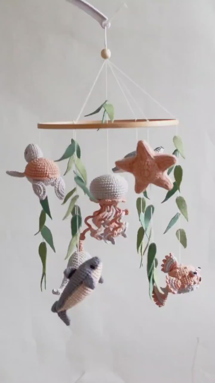 Ocean baby mobile. Nautical baby mobile. Ocean baby mobile with Narwhal, Jellyfish, Turtle, Stingray fish, Shark, Starfish and Puffer fish