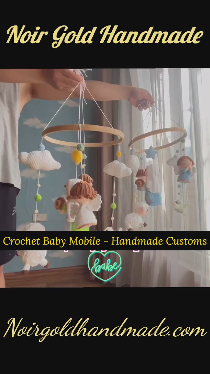 Handmade Crochet Virgin Mary Baby Mobile – Luxury Nursery Decor with Angels, Lambs & Birds | Christening Gift