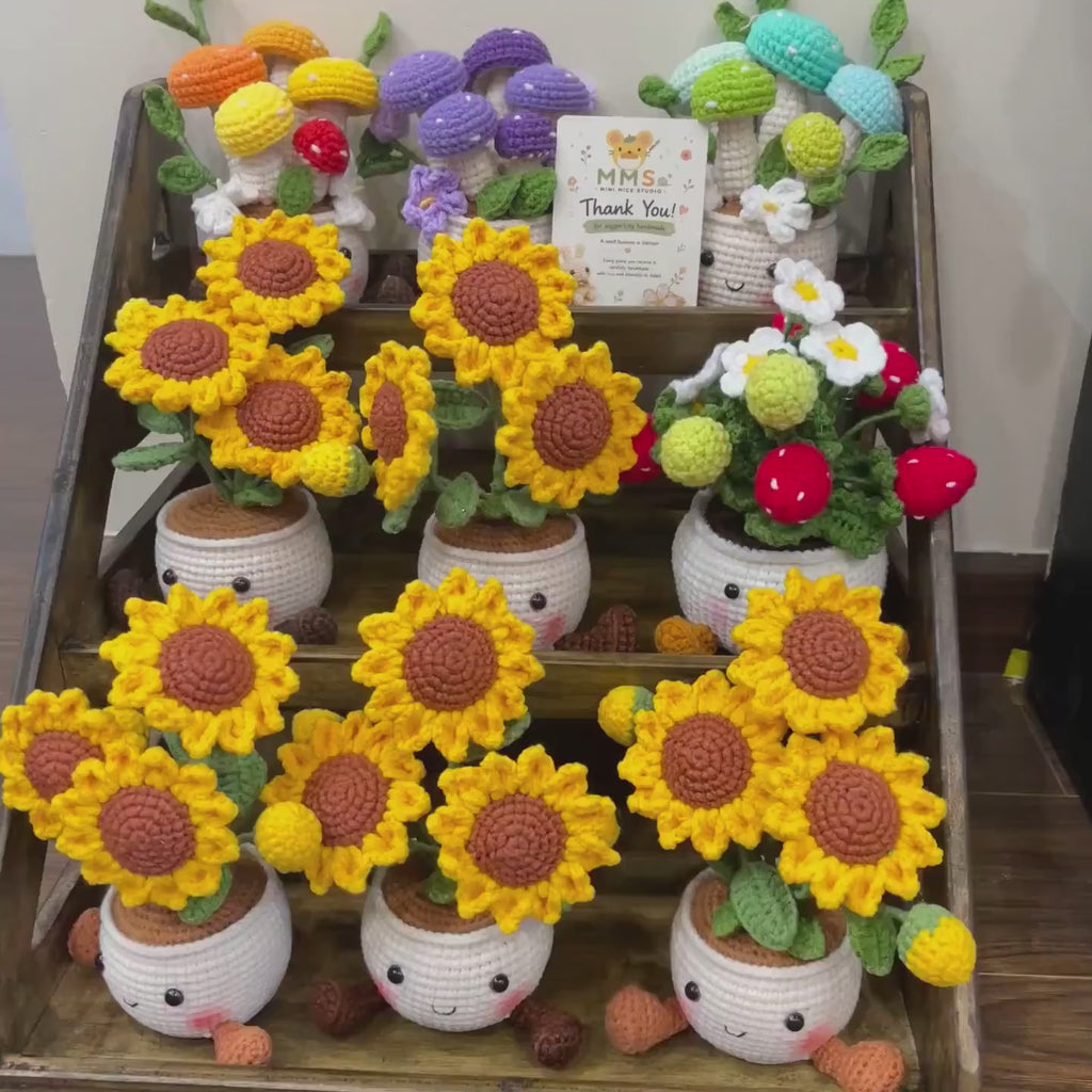 Crochet Flower Pot Set with Mushroom Sunflower Lavender Strawberry Rose Tulip Designs