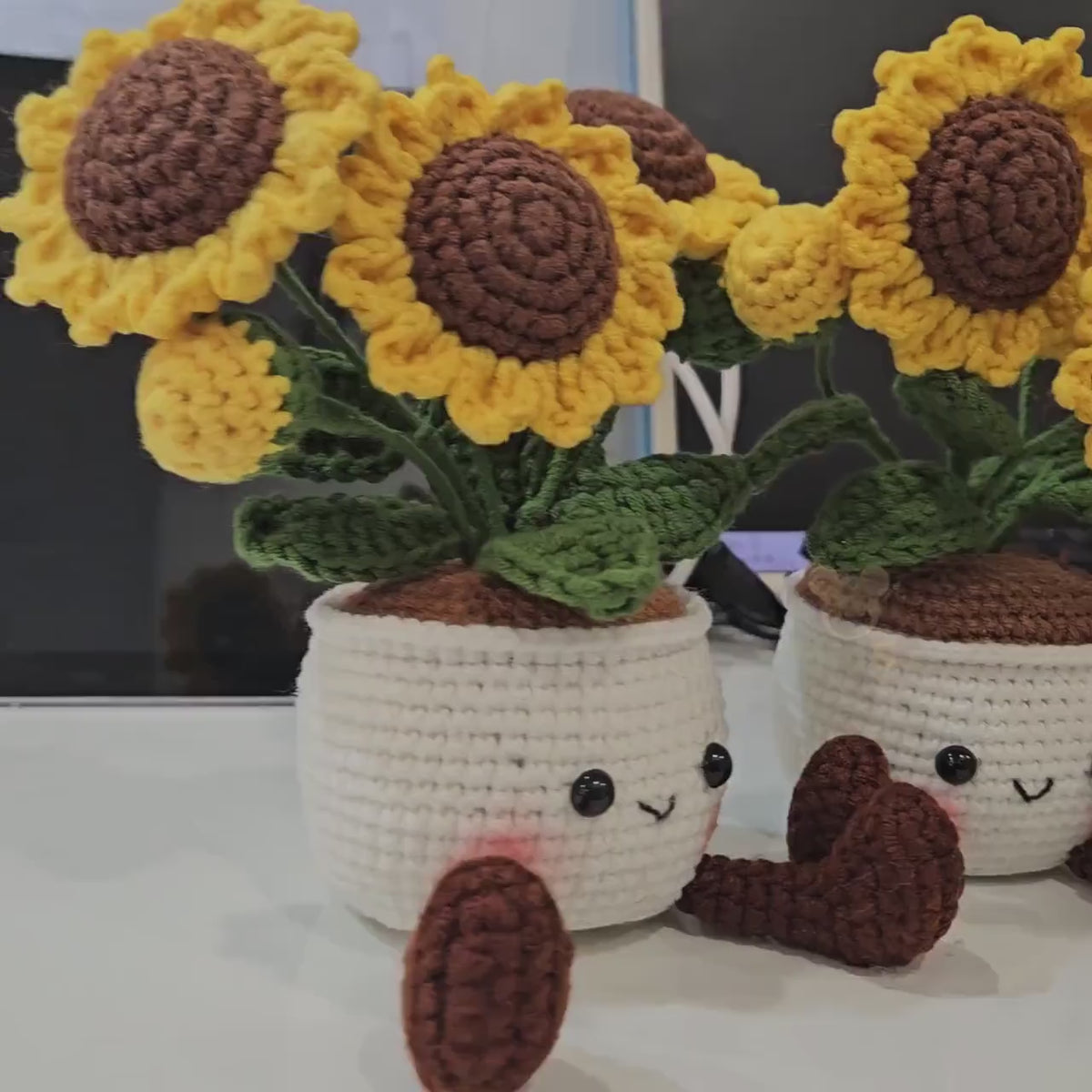 Crochet Flower Pot Set with Mushroom Sunflower Lavender Strawberry Rose Tulip Designs